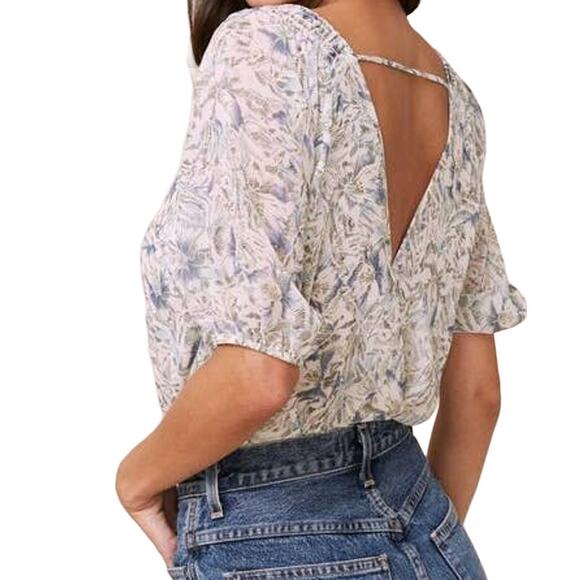 Astr Surplice Double V-Neck Puff Sleeve BodySuit Sz Small in Ivory Floral NWT - Picture 1 of 8